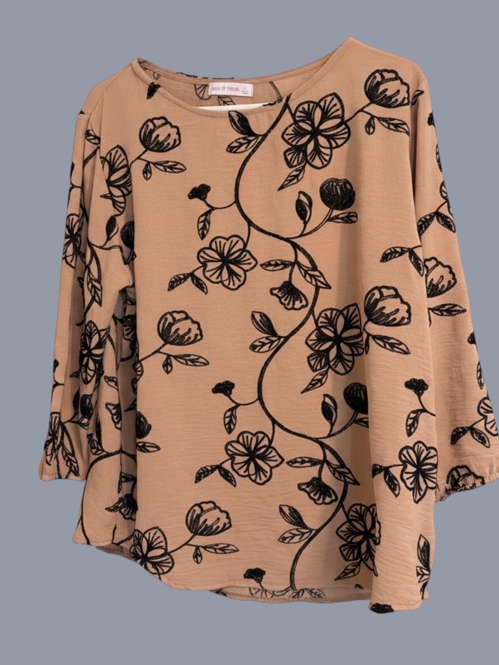 NWT Ana & Rose Beige 3/4 Sleeve Boho Peasant Blouse Black Floral Embroidery L M